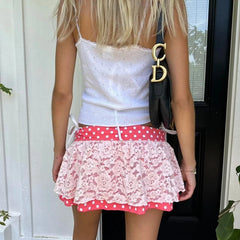 Pink Polka Dot Lace Patchwork Mini Dress