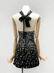 Black Sequin Ribbon Tie Up Mini Dress
