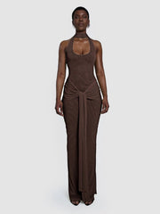 Brown Halter Neck Tie Up Folds With Neck Scarf  Long Dress