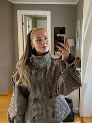 Checkered Button Double Breasted Long Sleeve Coat