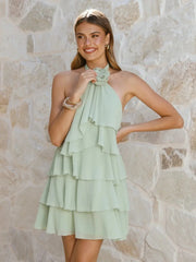 3D Flowers Ruffled Halter Tiered Mini Dress
