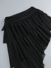 Black Lace-up Corset Top And Ruffles Split Long Skirt Set