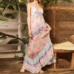 Floral Print Multi-Layered Ruffles V Neck Maxi Dress