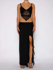 Sheer Printed V-neck Crop Top And Frill Slit Midi Skirt Set