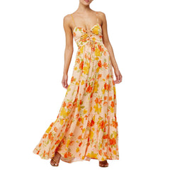 Spaghetti Straps Cross Tie-up Front Floral Print Cutout Long Dress