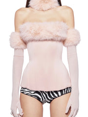 Furry Trim Strapless Top With Gloves