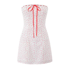 Pink Bow Print Ribbion Smocked Mini Dress