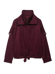 Red Stand Collar Long Sleeve Zipper Cover Short Jacket