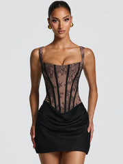 Lace Corset Square Neck Ruched Satin Bodycon Short Dress