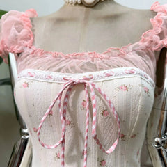 Floral Print Corset Square Neck Puff Sleeve Ruffle Hem Mini Dress