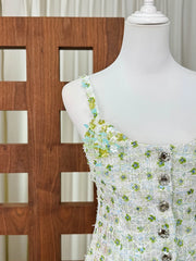 Green Floral Beaded Sequin Corset Top And Mini Skirt Set