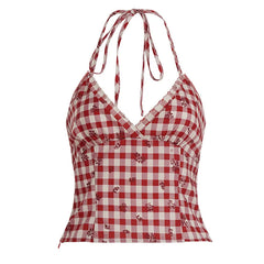 Red Flower Plaid Print Halter Tank Top