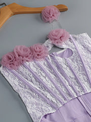 Purple 3d Flower Strapless Slit Cut Out Mesh Maxi Dress