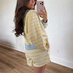 Striped Contrast Color Long Sleeve Sweatshirt And Shorts Set