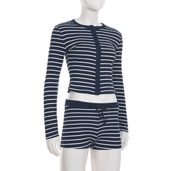 Blue Striped Long-Sleeved Top And Short Set