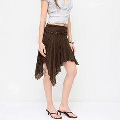 Brown Lace Bead String Belt Irregular Hem Skirt