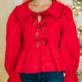 Red Ribbon Bow Doll Collar Long Sleeve Ruffled Blouse