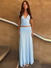 Deep V-Neck Sleeveless Ruched Top And Long Skirt Set