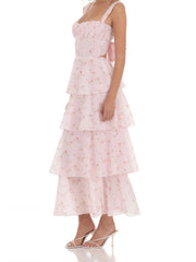 Flower Print Tiered Back Tie Up Maxi Dress