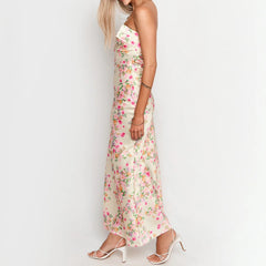 Satin Floral Strapless Maxi Dress