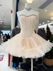 Beaded Neck Strapless Corset Tulle Flare Mini Dress