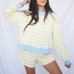 Striped Contrast Color Long Sleeve Sweatshirt And Shorts Set