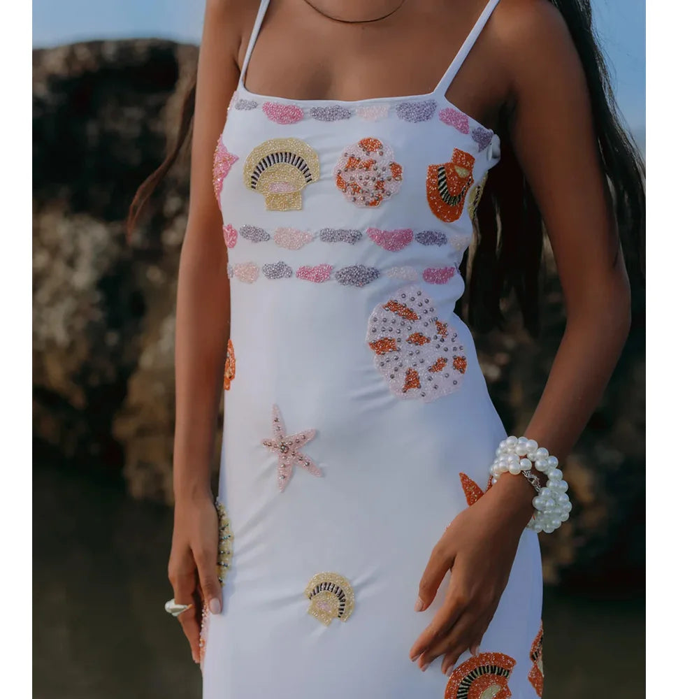 sequin embellished starfish maxi dress Stars Sequin-Embellished Front Slip Maxi Dress in Light Yellow Yellow L