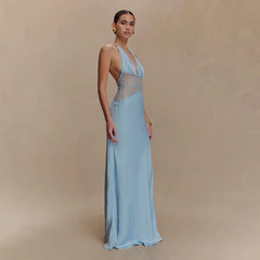 Satin Lace Patchwork V-neck Midi Dress