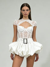 Lace Sheer Corset Crop Top And Wide Belt Bubble Hem Skirt Set
