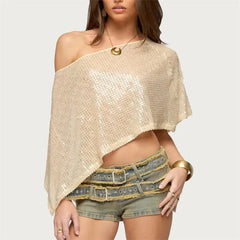 Asymmetric Off Shoulder Sequin Mesh Poncho Top