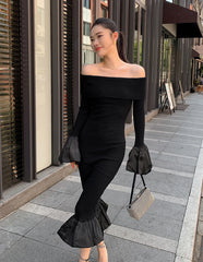 Black Off Shoulder Knitted Long Mermaid Fishtail Dress