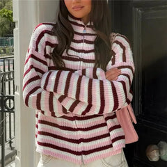 Striped Knit High Neck Zipper Cardigan