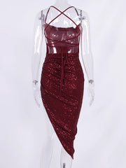 Red Sequin Lace Up Midi Dress