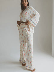 Fruit Print Long Sleeve Shirt with Long Pants Loungewear Set
