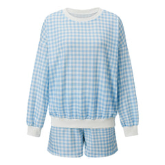 Gingham Long Sleeve Crew Neck Sweatshirt And Drawstring Shorts Set