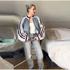 Striped Stand Collar Zip Sweater Jacket