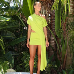 Slanted Tie Up Top And Mini Skirt Set