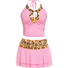 Pink Sequin Halter Tank Top And Tiered Mini Skirt Set