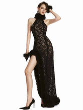Lace Halter Neck Fur Trim Patchwork Side Split Midi Dress