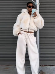 Faux Fur Zipper Hooded Jacket