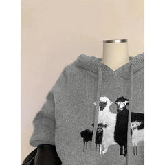 Grey Lamb Round Neck Hooded Sweater