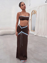 Brown Lace Patchwork Crop Top And Ruched Drawstring Maxi Skirt Set