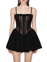 Black Corset Lace Trim Desgin Flare Mini Dress