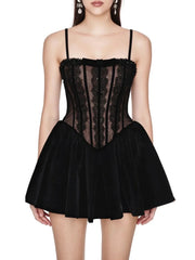 Black Corset Lace Trim Desgin Flare Mini Dress