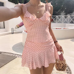 Dotted Ruffled Strap Crop Top And Mini Skirt Set