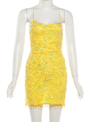 Yellow Sequin Beaded Tassel Open Back Strappy Mini Dress