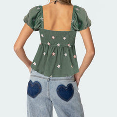 Puff Sleeve Flower Embroidered Smocked Square Neck Babydoll Top