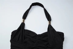 Black Halter Metal Buckle Ruched Mini Dress
