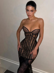 Black Lace Corset Sheer Removable Hem Maxi Dress