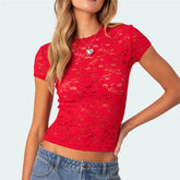Sheer Lace Short Sleeve Round Neck Top